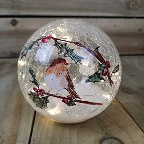 Image of Festive 15cm Battery Operated Indoor Christmas LED Lit Crackle Effect Robin Ball