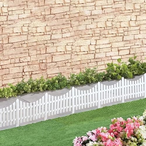 Image of Pack of 10 Plastic Garden Lawn Edging Fence – Decorative Wooden Effect Picket Border – Weatherproof Landscape Edge Panels for Flower Beds & Pathways (White (19.6F/6M))