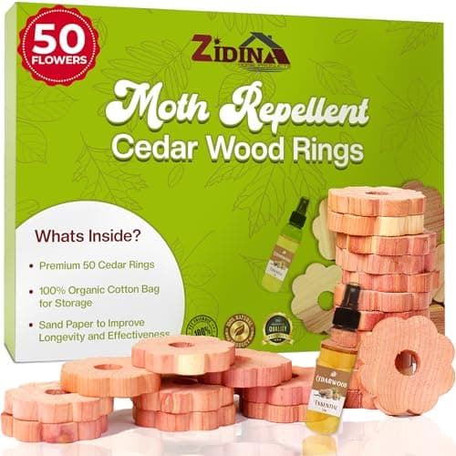 Image of Zidina Moth Repellent for Wardrobes | 50x 100% Natural Cedar Wood Rings with Free 4.5ml Organic Cedar Oil | Wardrobe Fresheners | Includes Organic Fabric Bag & Sandpaper