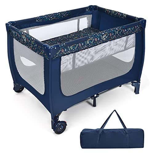 Image of COSTWAY Foldable Travel Cot, Portable Baby Playard with Lockable Wheels, Breathable Mattress, Carry Bag, Double Layer Crib for Newborn Toddlers (Blue)