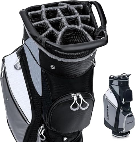 Image of GYMAX Golf Trolley Bag, Lightweight Golf Cart Bag with 14 Way Dividers, 7 Zippered Pockets, Shoulder Strap, Rain Hood & Umbrella Holder, Portable Golf Club Carry Bag (Black，36 x 29 x 91 cm)