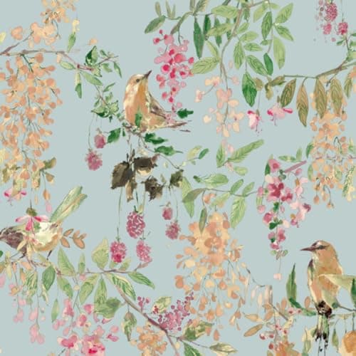 Image of BlackBerry Trail Blue Wallpaper - Bird Wildflower Nature Botanical Floral - Traditional Pattern - Paste The Paper