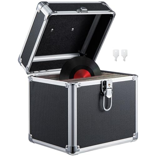 Image of CROWNSHOP LP Storage Case 7" Record Storage Box 7" Vinyl LP Storage Box Case Aluminum Portable Lockable DJ Flight Carry Case Holds 100pcs Albums Vinyl Record Storage (Black 7 inches 50pcs)