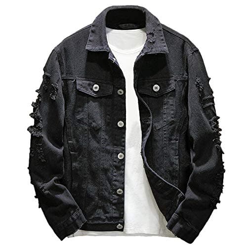 Image of Rexcyril Men's Denim Jacket in Used Look, Casual, Ripped Holes, Button Closure, Trucker Jacket, Jean Coat, black, L
