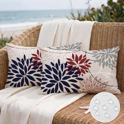 Image of Artscope Outdoor Waterproof Blue Red Cushion Covers Geometric 40x60cm Set of 2 White Gray Dahlia Floral Pillowcases Outdoor Flowers Pillow Covers for Patio Garden Bench Sofa Farmhouse Decor