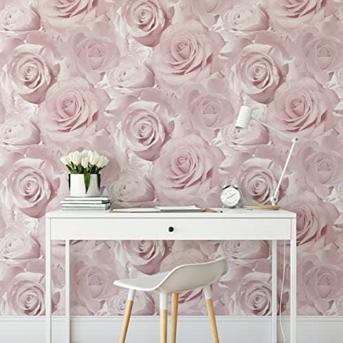 Image of Soft Pink Flower Rose Bloom 3D Effect Floral Designer Wallpaper for Bedroom Living Room (Pink)