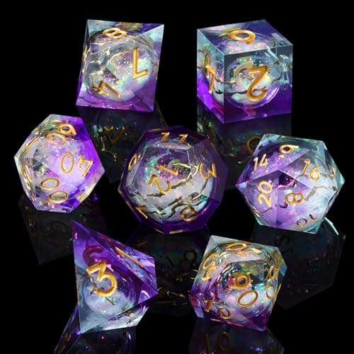 Image of ORUZA 7 PCS Liquid Core DND Polyhedral Dice, Resin Sharp Edge D&D Purple Quicksand Dice Set for Dungeons and Dragons RPG MTG Table Games D20 D12 D10 D8 D6 D4 D%