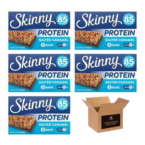 Image of Skinny Protein Bars – Low Calorie High Fibre Healthy Snack Bars Under 95 Calories | Protein Treats for Weight Loss & Slimming Plans, Cereal Bars Healthy Snacks (Pack 5(25 Bars), Salted Caramel)