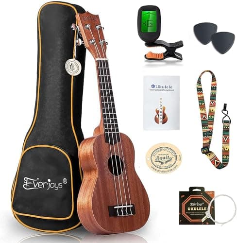 Image of Mahogany Soprano Ukulele Starter Kit - Professional 21 inch w/Case Strap Tuner Aquila Strings