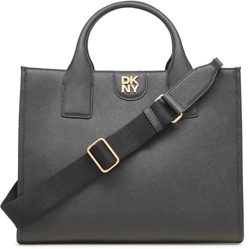 Image of DKNY Womens Carol Md Tote Tote Bag, BLACK/GOLD, One Size, Tote Bag
