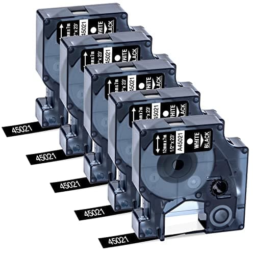 Image of 5x Compatible for Dymo D1 Label Tape 45021 S0720610 12mm x 7m, White on Black Self-Adhesive Labels, Compatible for Dymo LabelManager Label Printers 160 210D 260D 280 LabelPoint 200 250