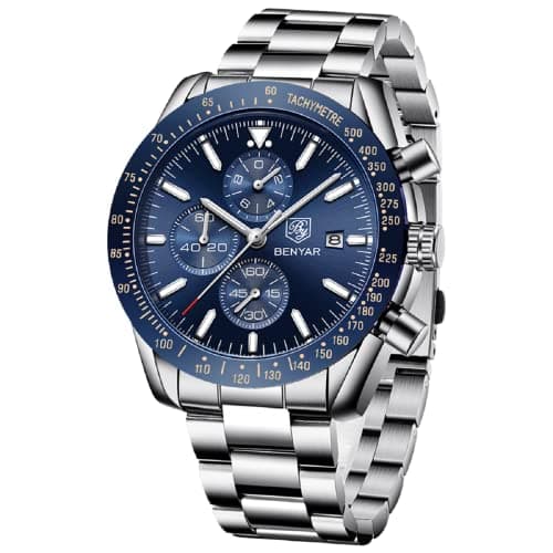 Image of BENYAR Watch for Men Analog Quartz Chronograph Waterproof Luminous Designer Big Face Mens Wrist Watches Business Sport Casual Dress Elegant Gifts for Men,Silver Blue