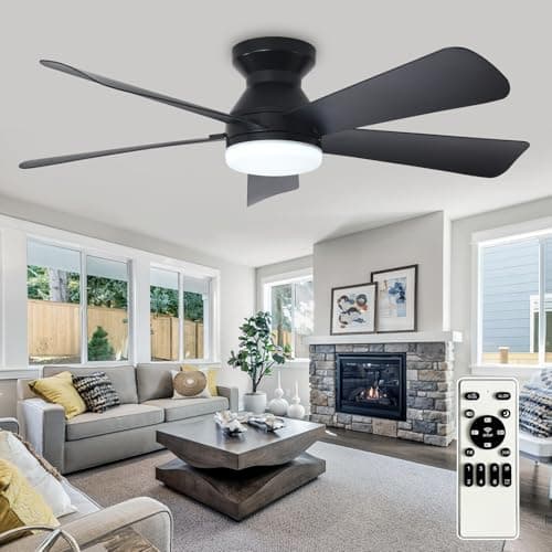 Image of Depuley Modern Ceiling Fan with Light: 42-Inch Black Small Fans for Bedroom Indoor Outdoor - Dimmable Flush Mount Low Profile Ceiling Fans with Remote Control 5 Reversible Black Blades 6 Speeds Timer