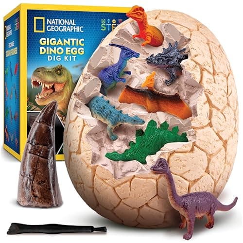 Image of NATIONAL GEOGRAPHIC Jumbo Dinosaur Egg Dig Kit - Excavate 12 Figures & Replica T. Rex Tooth from Giant 15 cm Brick, Dino Egg, Educational Science Kits, Gifts for Boys and Girls, Easter Basket Stuffers