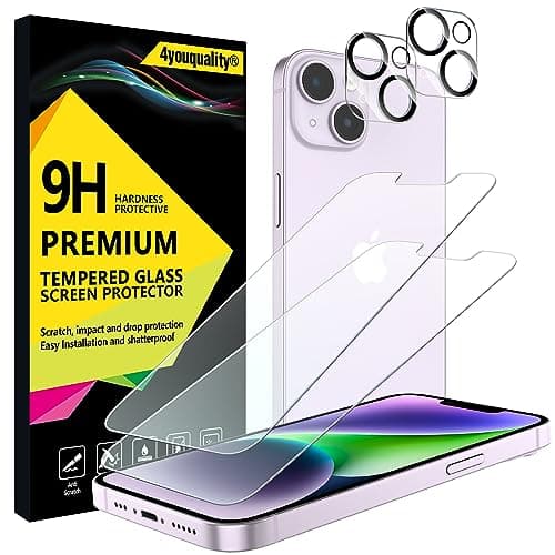 Image of 4youquality [4-in-1 Screen Protector for iPhone 14 with Camera Lens Protector, Tempered Glass Film, 2-Pack Each, [LifetimeSupport][Impact-Resistant][Anti-Scratch][Ultra-Transparent]