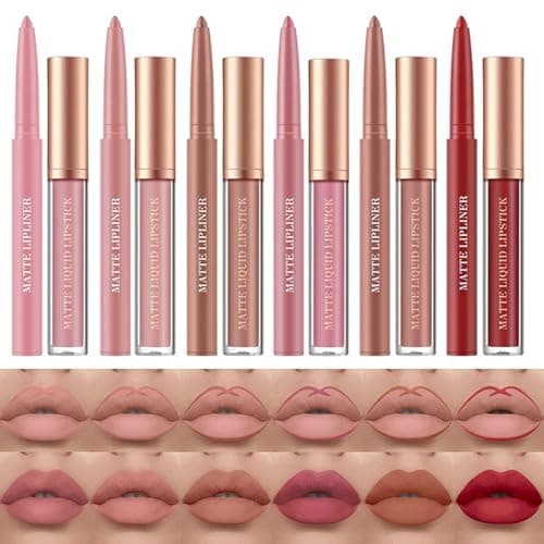 Image of 12 Pcs Liquid Lipstick Lipliner Set Nude Lipliner Matte Lipstick Long Lasting Non-Fading Waterproof Lip Glosses Makeup Set Gift For Women (Set C)