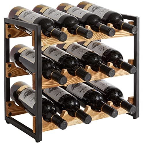 Image of IBUYKE Industrial Wine Rack, Countertop Storage Organizer, Free Standing with Metal Frame, 3 Tier 12 Bottles, Ideal for Home Bar Display, Kitchen, Dining Room, Pantry, Cabinet, Vintage Black, TMJ904H