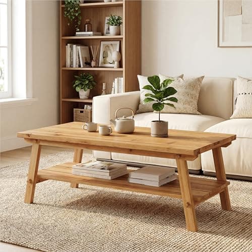 Image of TRIBEWOOD Solid Wood Coffee Table with Storage, 47-Inch Farmhouse Rectangle Center Table, 2-Tier Simple Long Tea Table for Living Room, Natural