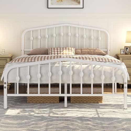 Image of Yaheetech 5ft King Bed Frames Slatted Metal Bed with Crown-inspired Design Headboard/Spacious Under-bed Storage White