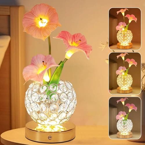 Image of Wekity Table Flower Lamps, 3 Colors Touch Stepless Dimming Crystal Night Light, Rechargeable Artificial Flower Light, LED Flower with Vase Lamp Romantic Decor for Date Party Home (Morning Glory-Pink)