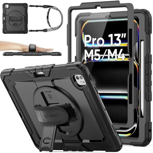 Image of SEYMAC stock Case for iPad Pro 13-inch M5/M4 (2025/2024), Heavy Duty Shockproof Case with Screen Protector, Pencil Holder [360° Rotating Stand/Hand Strap]& Shoulder Strap, Black