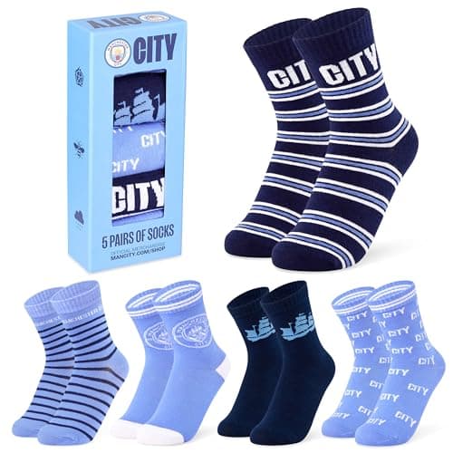 Image of MANCHESTER CITY FC Boys Socks - Pack of 5 Crew Socks for Boys Teenagers Soft Breathable Size 12-7 Man City Gifts for Boys (Blue, 9-13 Years, 3/7 UK)