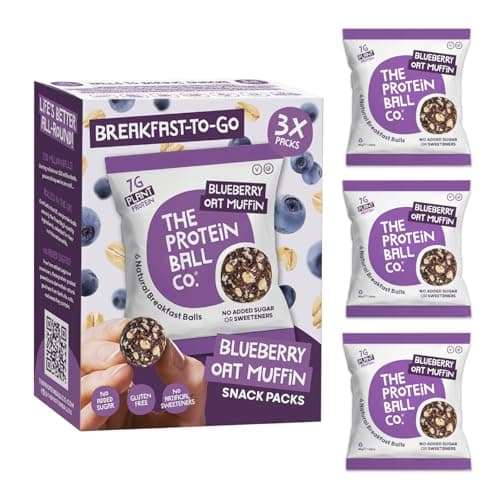 Image of Protein Balls Blueberry Oat Muffin Flavour by The Protein Ball Co- Pack of 18 Breakfast Balls - 100% Natural Plant Based Vitamin Enriched - 3x45g Bags - High Fibre Gluten Free No Artificial Sweeteners