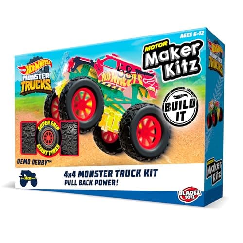 Image of BLADEZ Hot Wheels Monster Trucks, 4x4 Pull Back Vehicle for kids, Licensed Build Kit, Assortment of Colours and Styles, 6 to collect, Motor Maker Kitz Toyz