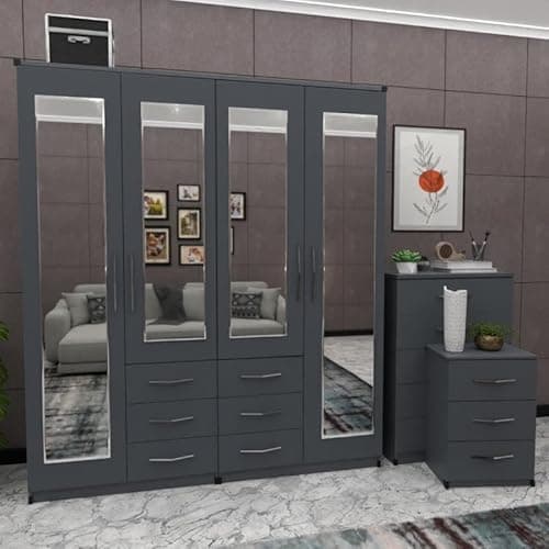 Image of Ready Assembled Bedroom Furniture, 4-Door Mirrored Wardrobe Set with 5-Drawer Chest and Bedside Table, 156 cm (Grey)