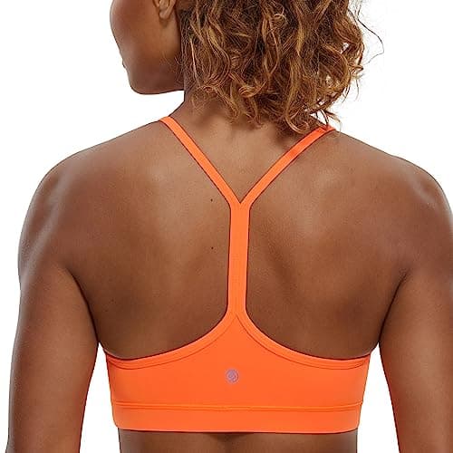 Image of CRZ YOGA Women's Butterluxe Padded Sports Bra - Low Impact Y Back Strappy Bra Racerback Spaghetti Straps Gym Yoga Bras Neon Orange M