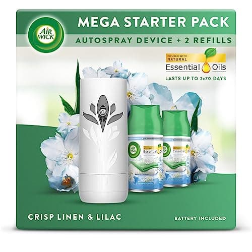 Image of Air Wick Automatic Air Freshener Freshmatic Spray Bundle Kit, Cirsp Linen & Lilac, 1 gadget & 2 Refills (250ml), Natural Essential Oils, Last up to 140 days, Air freshener