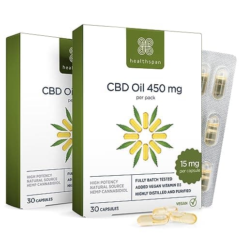 Image of Healthspan CBD Oil Capsules 900mg (60 Capsules) | 15 mg Pure CBD Oil Capsules | for Muscle Relief | Providing a Total of 900 mg CBD | Enriched with Vitamin D
