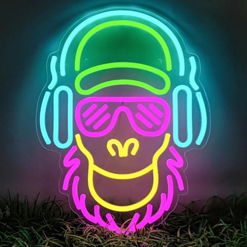Image of YShengMian Neon Sign for Wall Decor Neon Light for Bedroom LED Light Up Sign DJ Monkey for Boys Girls USB Dimmable Neon Lights Signs for Bedroom Living Room Office 15.7" × 11.8"