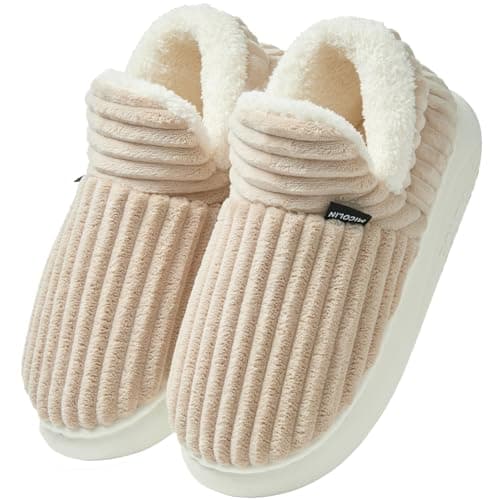 Image of Misolin Slippers Women Ladies Clouds Bootie Corduroy Warm with Cozy Memory Foam Winter Anti-Slip House Shoes, Indoor & Outdoor, Khaki 280(UK 7-8)