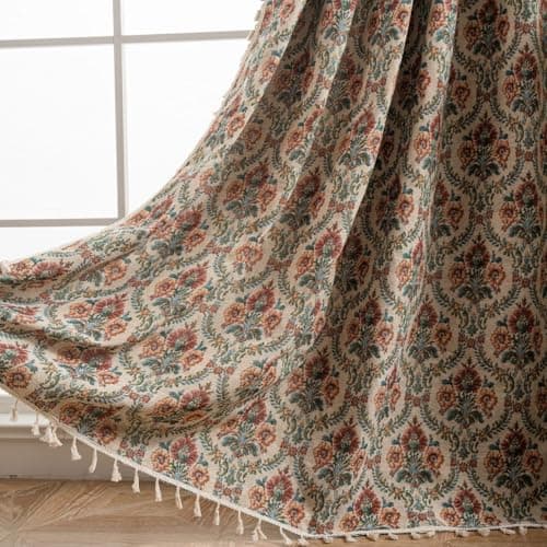 Image of USTIDE Shabby Blossom Curtain 1 Panel Jacquard Semi-Blackout Curtain for Bedroom Living Room Vintage Tassels,150x220cm