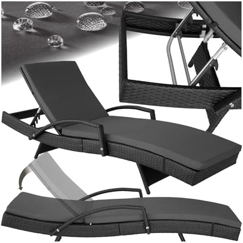 Image of tectake® Rattan Sun Lounger with 5-Position Adjustable Backrest, Weather-Resistant Garden Daybed with Aluminium Frame & Quick Assembly, Soft Sun Lounger Cushion with Removable Cover - Black