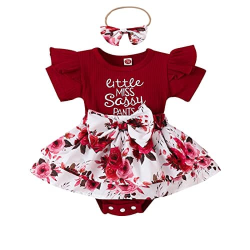 Image of Himllauen Infant Baby Girl Summer Romper Dress Outfits Short Sleeve Round Neck Bow Front Patchwork Skirt Bodysuit with Headband Newborn Girl Casual Sets (Wine Red, 12-18 Months)