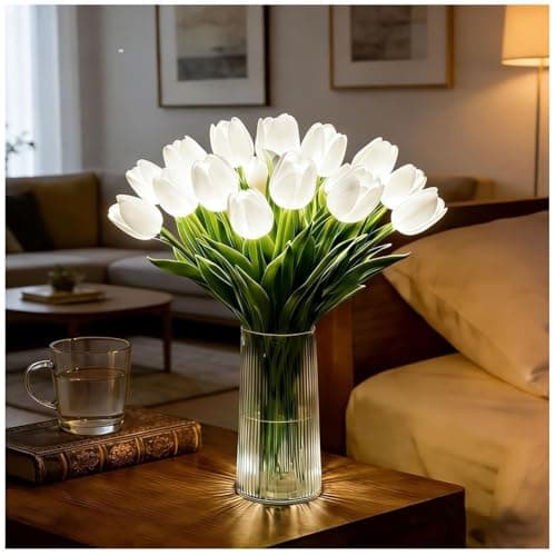 Image of Tulip LED Table Lamp, Battery Operated Flower Night Light with Vase, 15PCS Artificial Tulip Light for Bedroom Living Room Decor, Romantic Ambient Light as Gift for Women, Girls(White,Includes vase)
