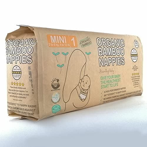 Image of Beaming Baby Organic Bamboo Nappies Size 1, Mini, 2 Pack of 32 Bamboo Eco Nappies. Eco Friendly Bamboo Diapers for Your Newborn Baby to 4 Months