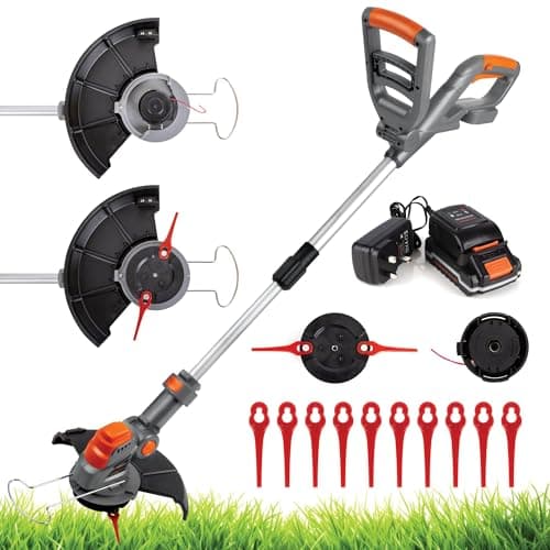 Image of Terratek Cordless Strimmer 2-in-1, 20V 1HR Fast Charge Battery Garden Strimmer, Lightweight Grass Cutter Machine 12x Blades, 1x Nylon Spool, Cordless Grass Trimmer with 1x Battery & Charger Included