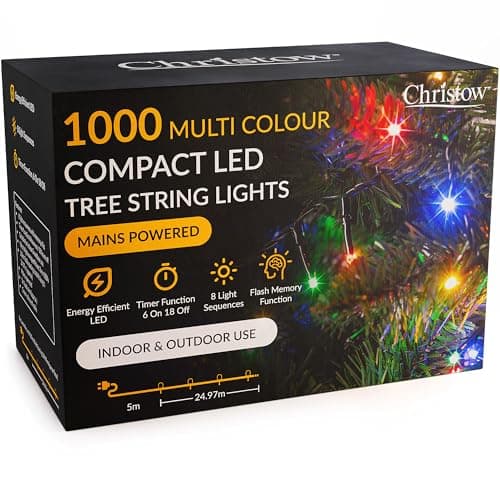 Image of CHRISTOW 7ft Christmas Tree Lights, 1000 Multi-Coloured LED Fairy Lights with Timer, 8 Light Modes, Energy Efficient 3mm LEDs, Indoor & Outdoor, Mains Powered, Green Cable (24.97m Lit Length)