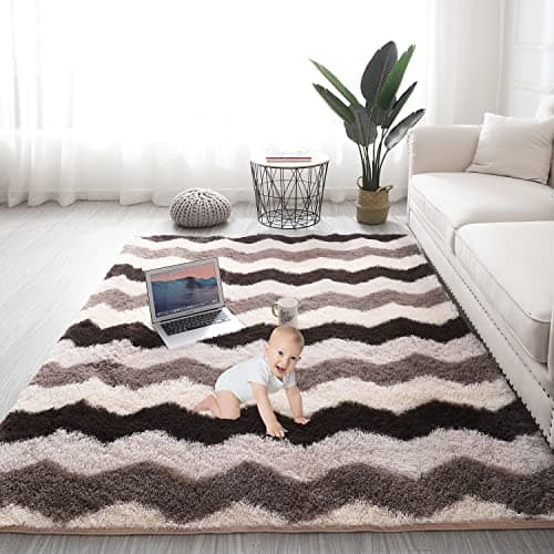 Image of Gsogcax Rugs Living Room 5'x7' Super Soft Fluffy Area Rugs for Bedroom Shaggy Anti-Skid Comfortable Large Rugs Indoor Modern Home Decor Floor Carpet - Brown Wave 160x200