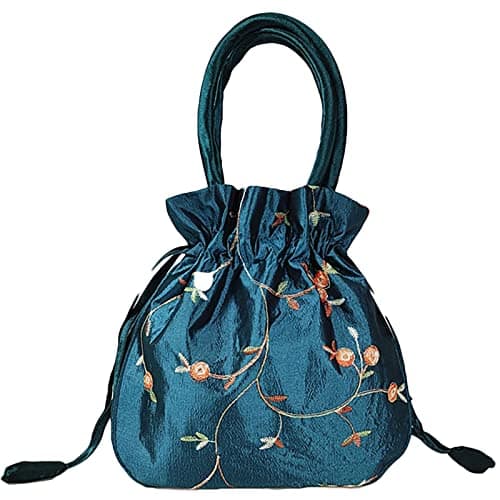 Image of SINSEN Small Drawstring Pouch Gift Bag for Present, Satin Embroidered Potli Bag Clutches Handbag, Brocade Ethnic Jewellery Coin Purses for New Year Birthday Wedding Party Valentine (Blue03)