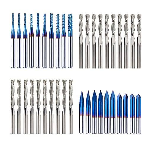 Image of 1/8”(3.175mm) Shank CNC Router Bits Kit for All Purpose, Triangular Engraving Bits, Spiral End Mills, 2-flute Flat Nose and Ball Nose End Mills Cutter for Milling Machine Wood Plastics PVC Engraving