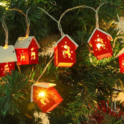 Image of DWE Christmas Lights, 6.56 FT 10 LED Wooden House Christmas String Lights Battery Operated Xmas Tree Decorations Lights for Xmas Tree Window Wall Home Garden Outdoor Indoor Party Decor (Red)