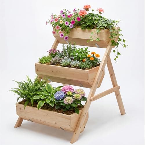 Image of Greenera 3-Tier Raised Garden Bed, Large Wooden Elevated Planter Box for Vegetables, Herbs & Flowers, Natural Wood Plant Stand for Outdoor Patio