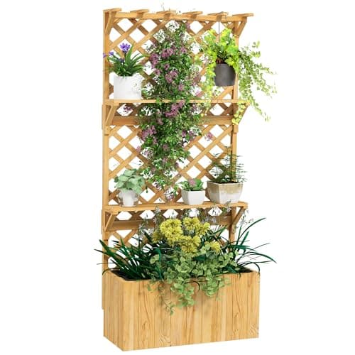 Image of Outsunny 52L Wooden Planter with Trellis, Freestanding Raised Bed for Garden with Hanging Roof, Shelves, Drainage Holes, Bed Liner, Outdoor Planter Box for Climbing Plants Vegetables Flowers, Natural