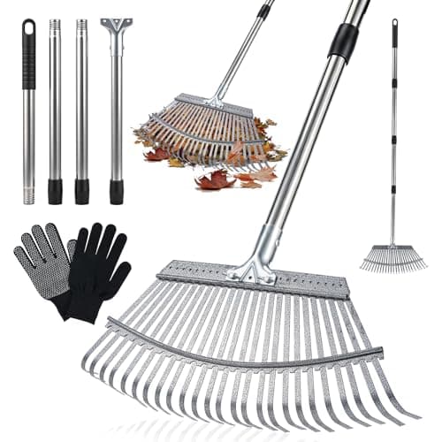 Image of Garden Rake Heavy Duty with 25 Metal Tines, 17.7inch Wide Leaf Rake for Gardening with 35"- 62" Adjustable Steel Handle and Gloves, Garden Rakes for Leaves, Gathering Shrub, Grass, Yard (90-157cm)