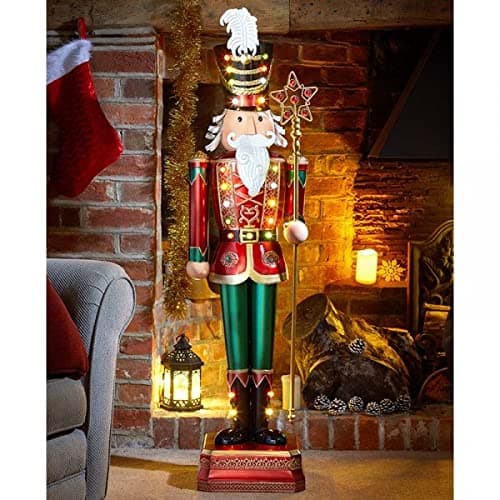 Image of Marco Paul Traditional Metal Giant Nutcracker Statue with 23 Warm White LEDs, Christmas Ornaments, Battery Powered, Hand Painted, Festive Christmas Decorations