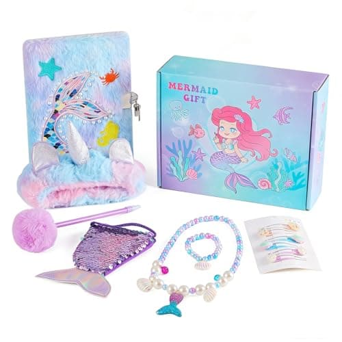 Image of Mermaid Tail Secret Diary for Girls, Secret Diary with Lock, Cute Fluffy Notebook, Plush Notebook with Hair Band, Ballpoint Pen, Nacklace Set, Coin Purse, Hair Clips Stationery Set for Girls Aged 6-13